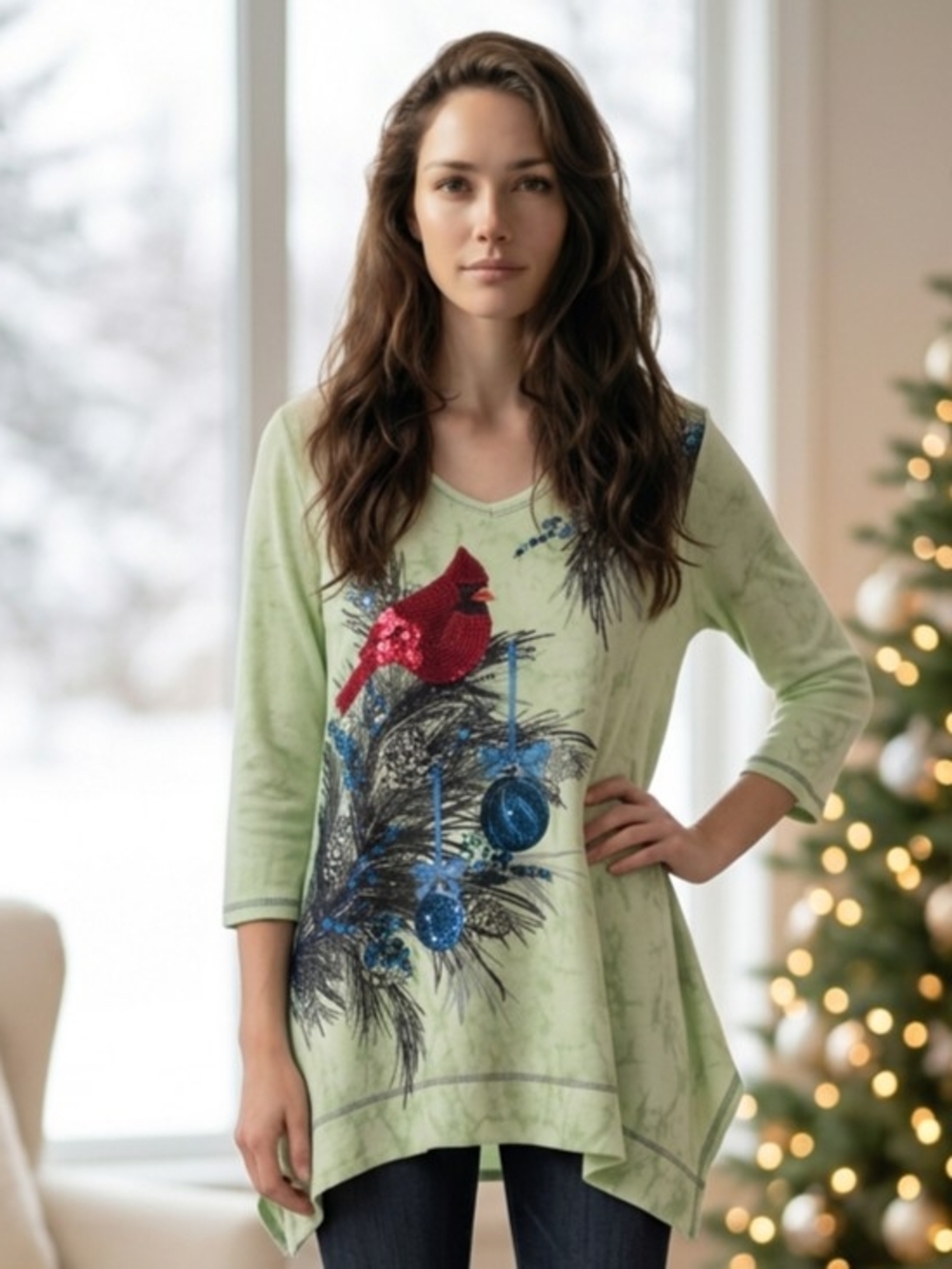 Onque Casual Sage Green V-Neck Tunic Top Beaded Red Cardinal and Sequin Pine L